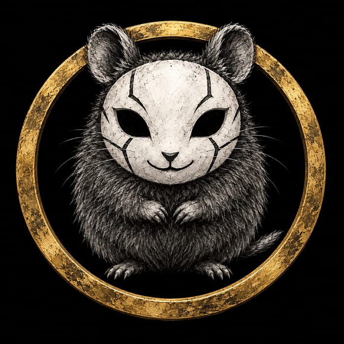 Null and Vole logo showing a small round vole with a smiling white mask, rounded ears and rough black and white strokes.