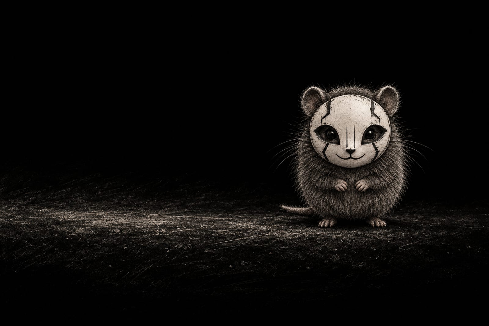 Null and Vole faces forward against black, a tiny round charcoal gray vole wearing a white mask with black eye holes, thin nose lines, a small smile and angular seam markings.